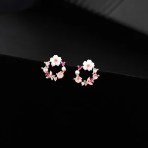 Hollow Set Diamond Flower Pearl Stud Earrings