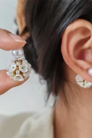Ball Shape Stud Earrings Double Side Floral Pearl Bezel Setting