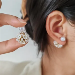 Ball Shape Stud Earrings Double Side Floral Pearl Bezel Setting